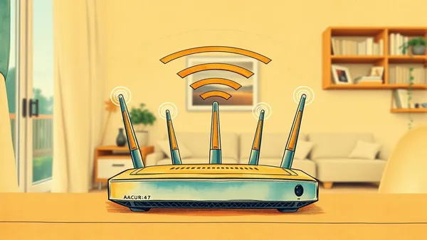 Router Wi-Fi 7 với nhiều ăng-ten phát sóng hiện đại và biểu đồ tốc độ mạng